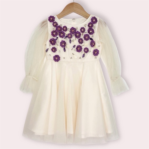 Tutu du Monde tulle dress long sleeve ivory w/‎ beaded purple flowers 2-3 years - Picture 1 of 8
